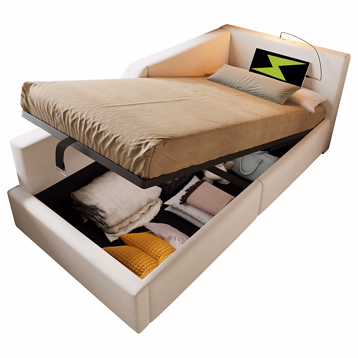 Canapé lit 90 × 190 cm convertible avec coffre hydraulique liseuse integree et port USB C en velours beige cadre metal