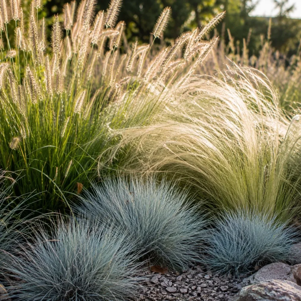 3 graminées pour sol sec Pennisetum alopecuroides,Stipa tenuissima ,Festuca glauca