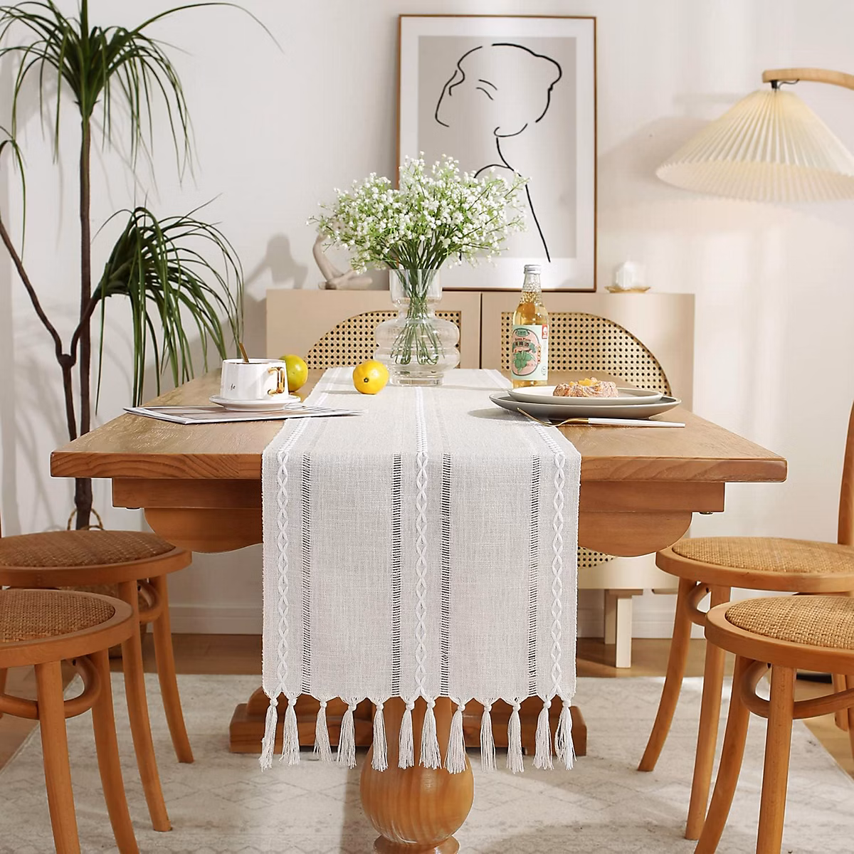 Chemin de Table Bohème Coton et Lin 33 × 275 cm Gris