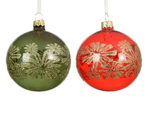 Boule en verre brillant transparente avec décor fleurs or - Ø 8 cm