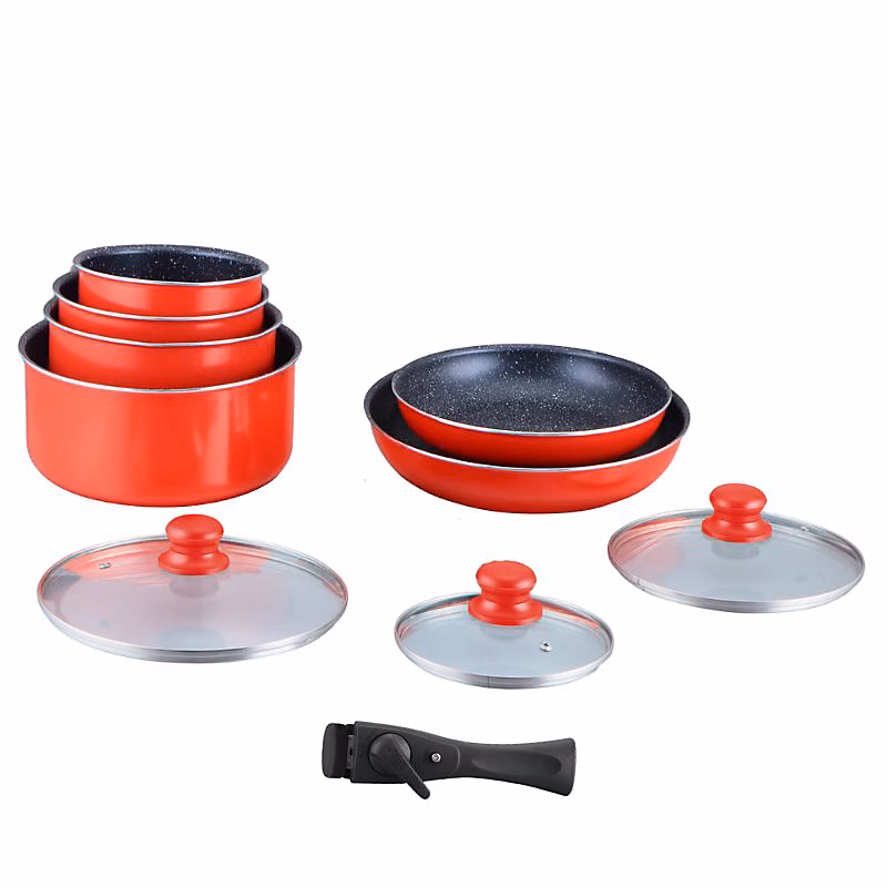 Batterie de cuisine revêtement pierre avec manche amovible 10 pieces rouge Hagen HA04623 – RED