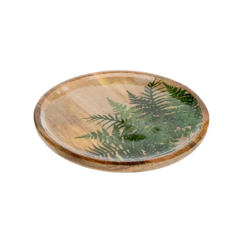 Plateau rond en bois de manguier avec décor fougères vert - Ø 30 cm
