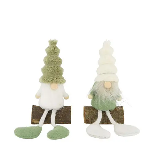 Figurine gnome en tissu vert sur rondin en pin - 7,5 x 5 x 14 cm