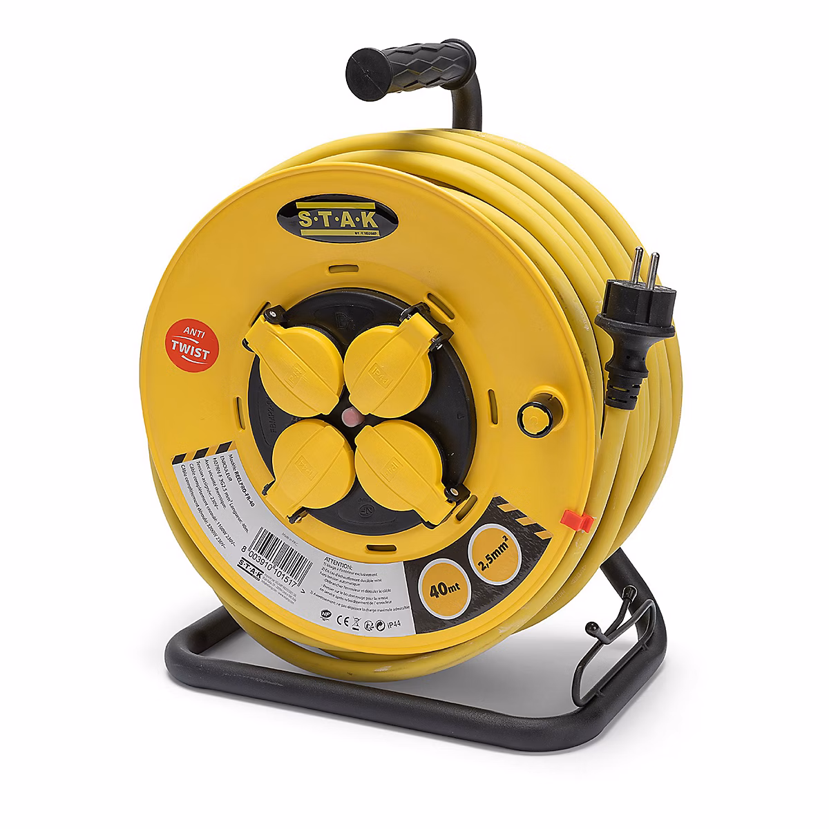 Enrouleur de chantier | 4 prises – 3G2.5 – 25 mètres – NF – IP44. Platine fixe et guide cable