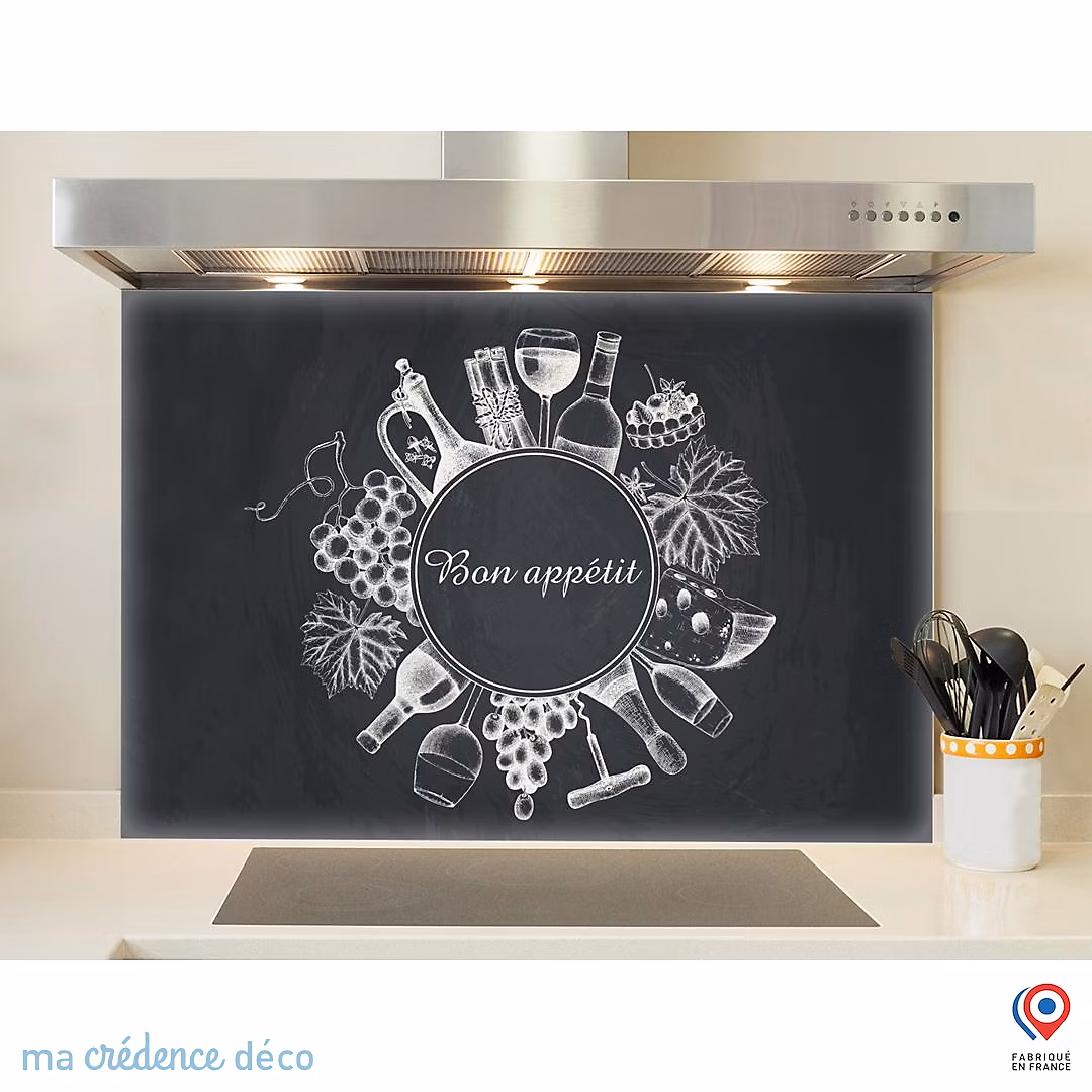 Crédence cuisine fond de hotte Bouteilles et raisins sur ardoise – Verre trempé, L 90 cm x H 60 cm, MaCrédenceDéco