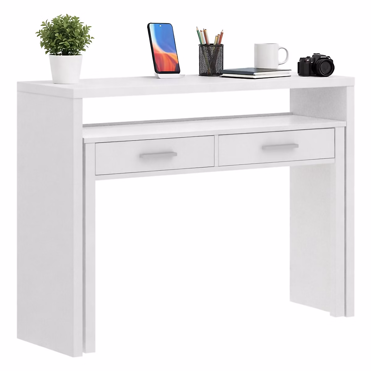 Bureau Losetta – Bureau multi-positions avec plateau extractible, Console d'étude linéaire avec 2 tiroirs, 99 × 70h88 cm, Blanc