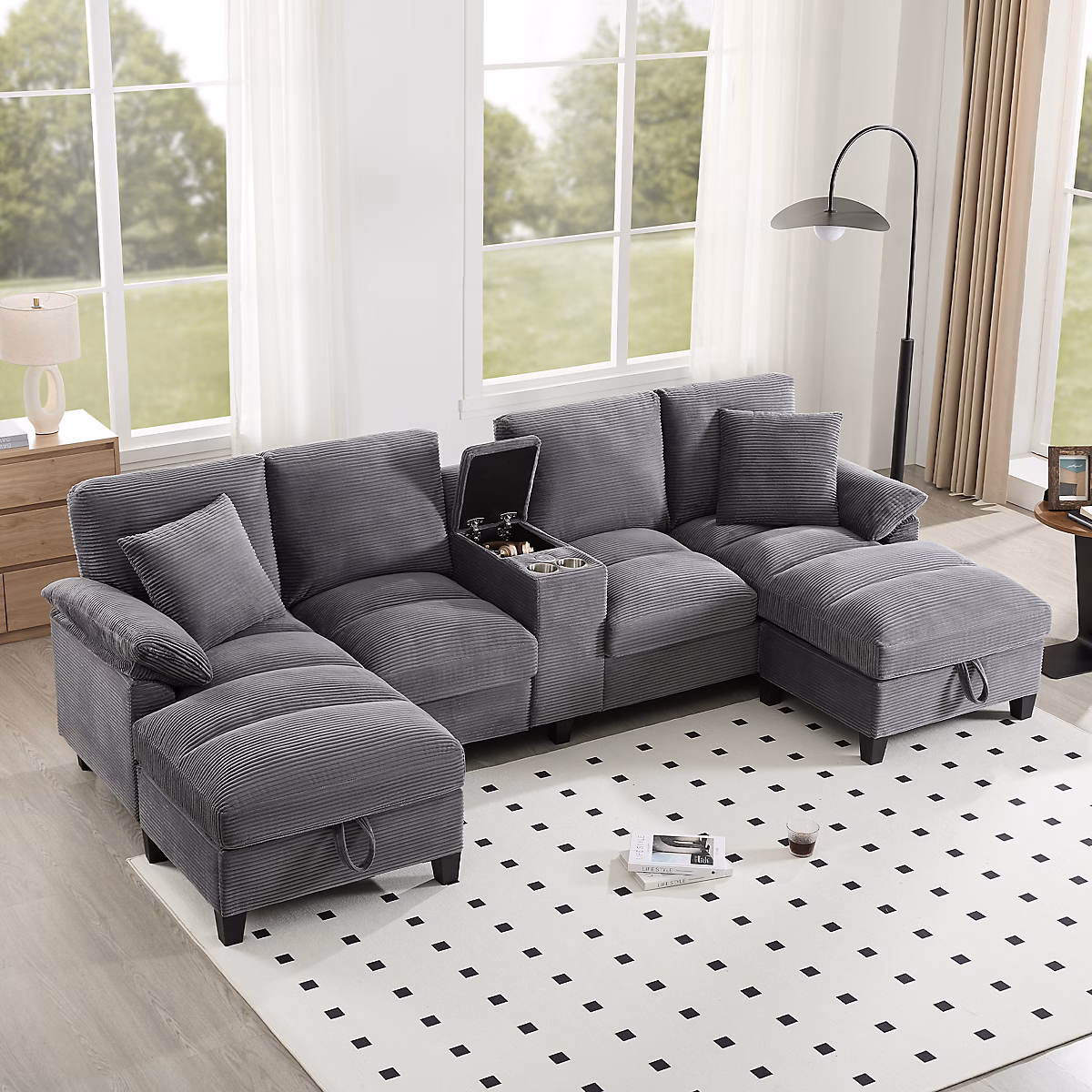Canapé en U 4-5 places 293 × 142 × 93 cm avec coffres – ports USB et revêtement velours côtelé gris