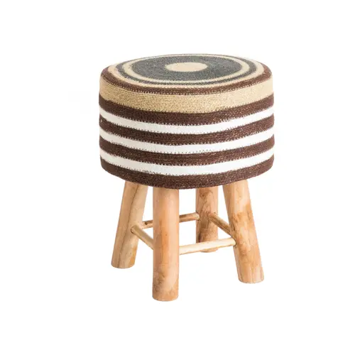 Tabouret rond rayé blanc/marron/jaune en osier tressé et bois - 33 x 33 x 42 cm