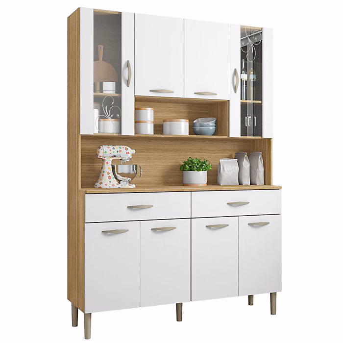 Buffet de Cuisine – GOLDEN, Imitation Chêne et Blanc, 8 Portes, 2 Tiroirs, L 121.4 cm