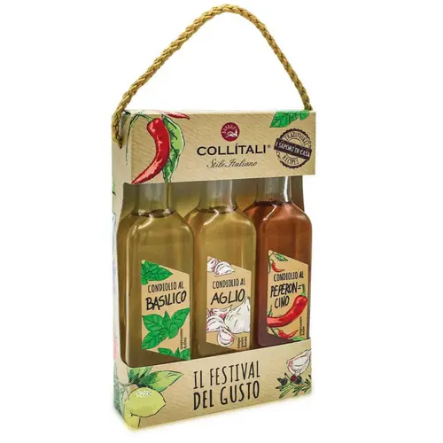 Coffret de 3 huiles d’olive aromatisées basilic, ail, piment Collitali - les 3 bouteilles