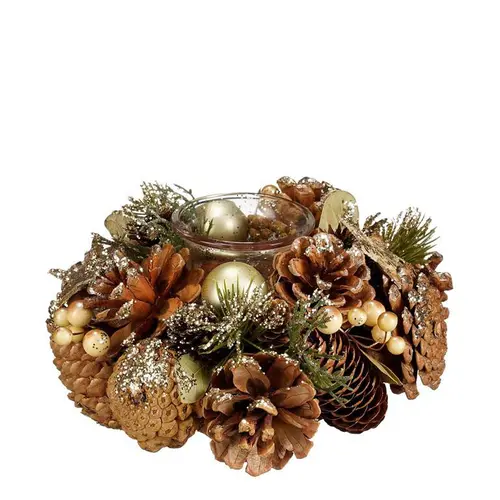 Centre de table bougeoir avec sapin et pommes de pin dorée Brant - Ø 19 x H 9 cm