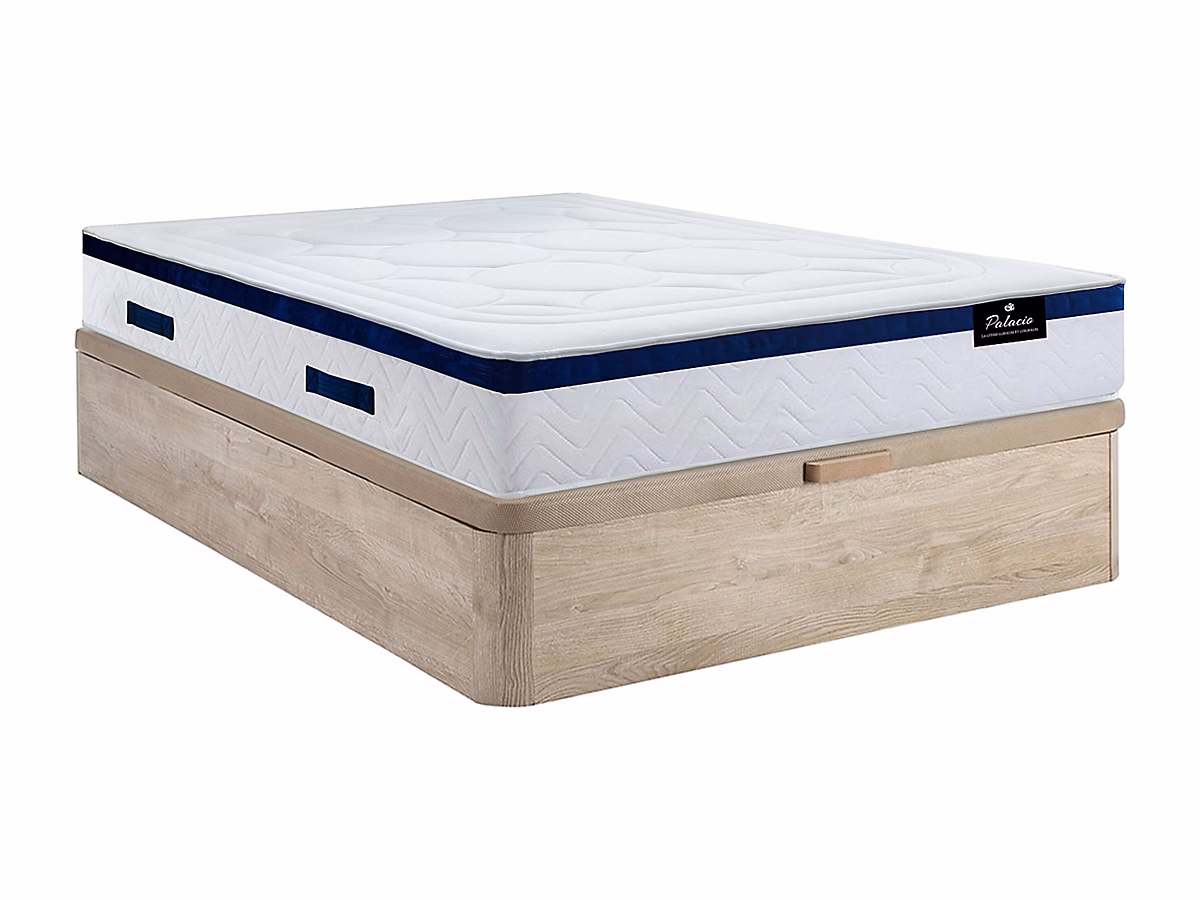 Ensemble 140 × 190 cm sommier coffre naturel clair + matelas hybride ressorts ensachés ép.30cm- MARQUIS de PALACIO