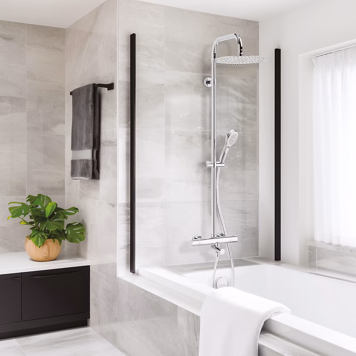 Colonne bain douche thermostatique anti-brûlure avec pomme de tête – douchette et flexible, chrome, Valentin Opium