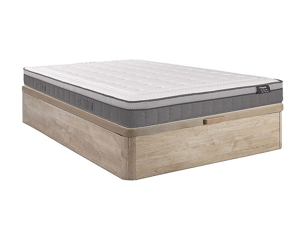 Ensemble 160 × 200 cm sommier coffre naturel clair + matelas hybride ressorts ensachés 7 zones et mémoire de forme ép.30cm