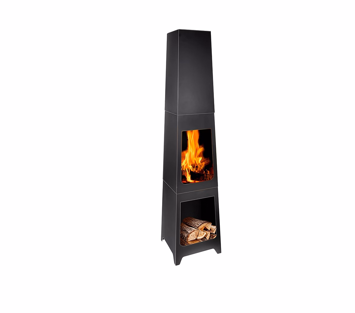 Brasero Pied Acier Noir au Carbone – 150 × 36 × 36 cm Incinérateur de Jardin + Bac Récupération de Cendres | Rangement de Bois