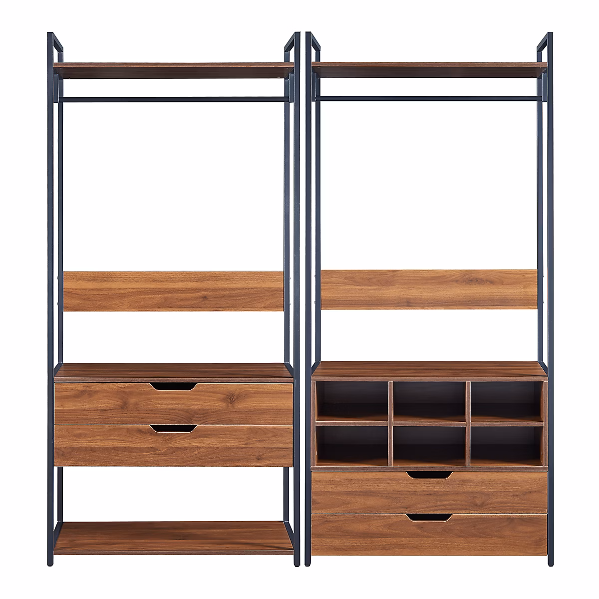 Ensemble de 2 portants à vêtements Larem 4 tiroirs 6 compartiments 2 étagères noir effet noyer en.casa – Réf. BNRBOQUSH2775097616