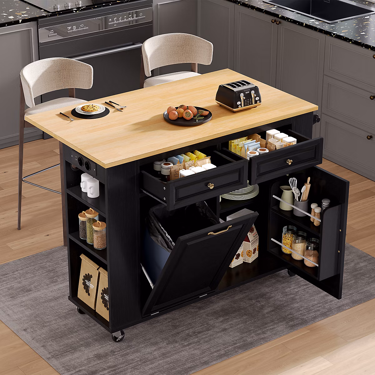 Îlot de Cuisine Mobile avec Table Extensible – Poubelle Intégrée | Porte | Serviette et Prise Électrique | Noir/Nature | 120x40 | 70 × 92 cm