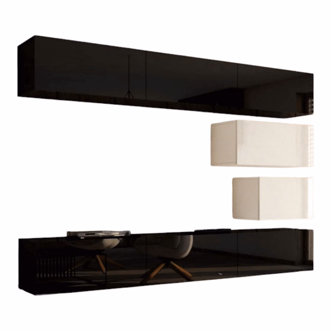 Ensemble de meubles de salon noir et blanc suspendus collection CEPTO XVI 249cm | 8 meubles – modulables.