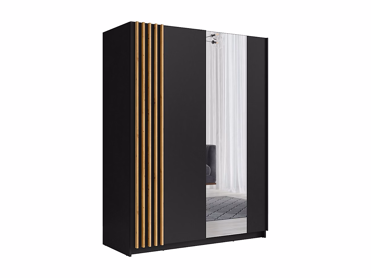 Armoire 2 portes coulissantes – Avec miroir, L200 cm, Noir et naturel, CALELA