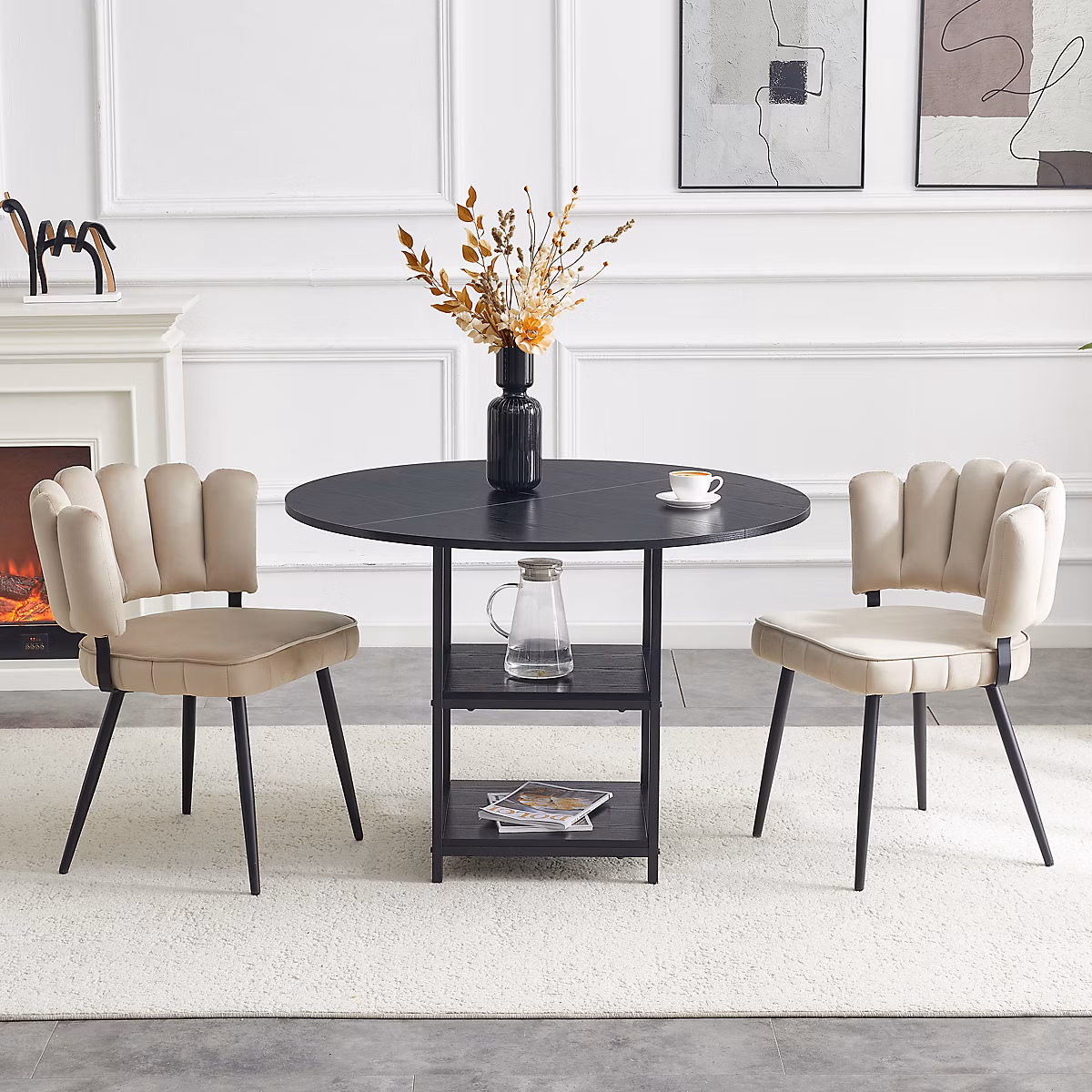 Ensemble repas rond 107 cm noir et brun clair avec 2 chaises et rangements – Réf. YWEBHBIHX3619471407