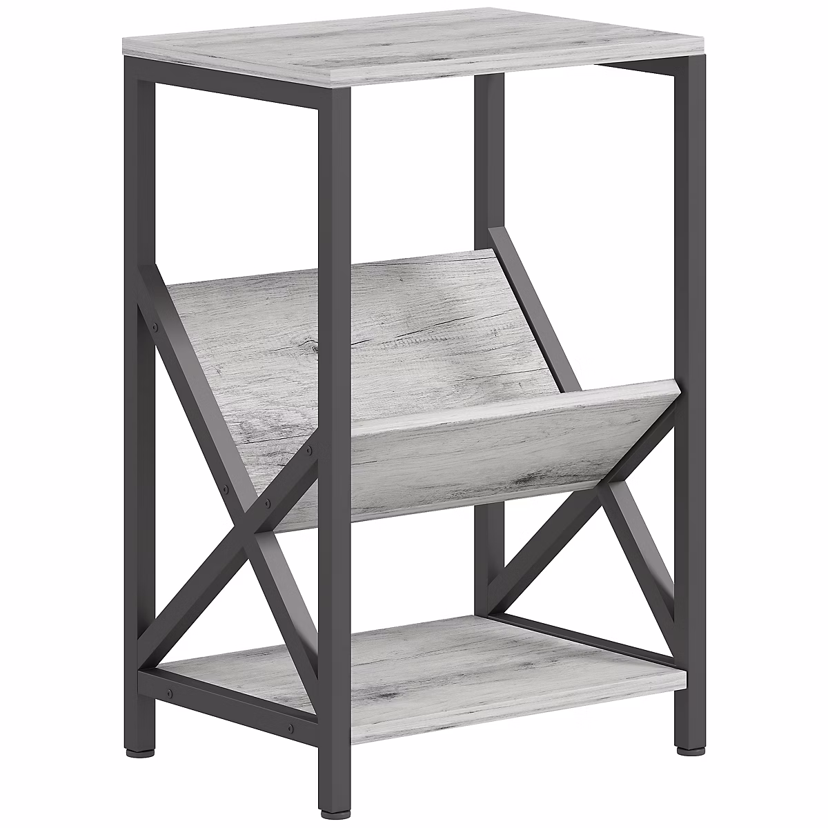Bout de canapé design effet bois gris acier porte – revues en V étagère