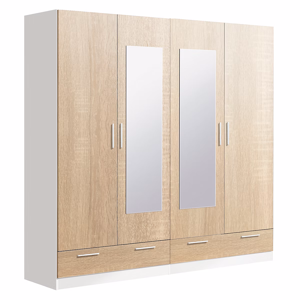 Armoire / placard de rangement de 4 portes avec miroirs + 2 tiroirs coloris Blanc / Chêne Cambrian – L. 202 x P. 51 x H. 200 cm