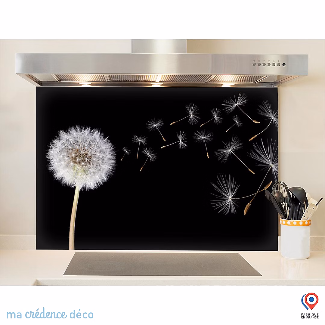 Crédence cuisine fond de hotte Pissenlits sur fond noir | Verre trempé – L 90 cm x H 70 cm – MaCrédenceDéco