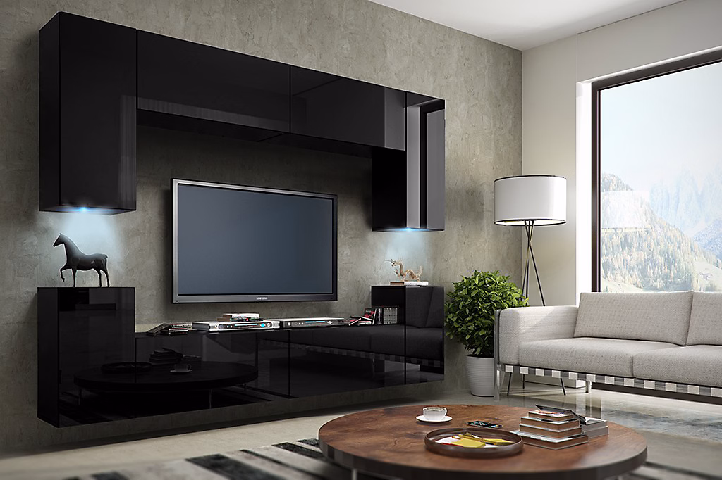Ensemble meuble TV CONCEPT 1-HG-B -12-1B noir brillant 256 cm – Réf. HUVYKRTIQ5180146360
