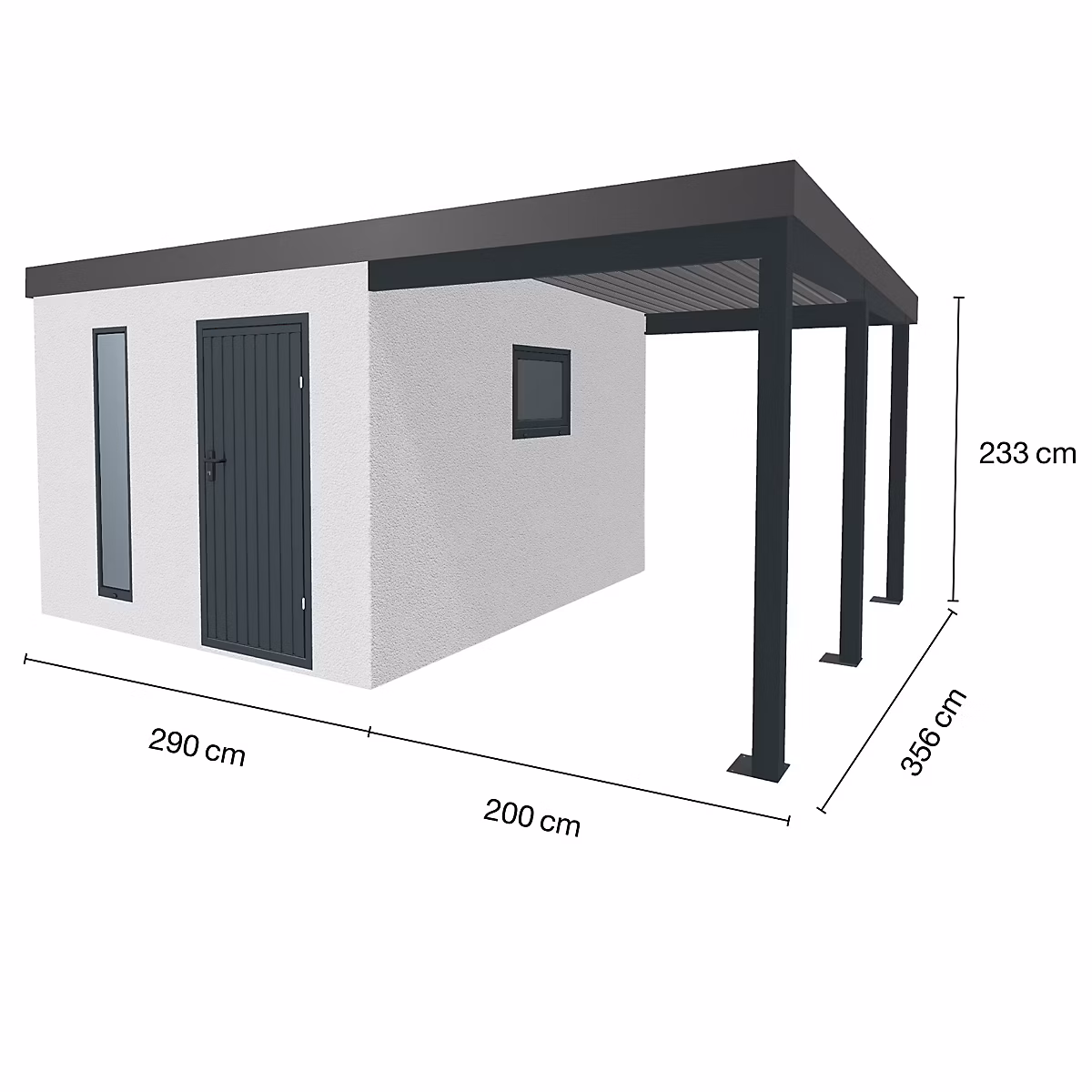 Abri de jardin en métal finition crépi 2900 × 3560 mm blanc avec auvent à droite 2000 × 3560 mm anthracite