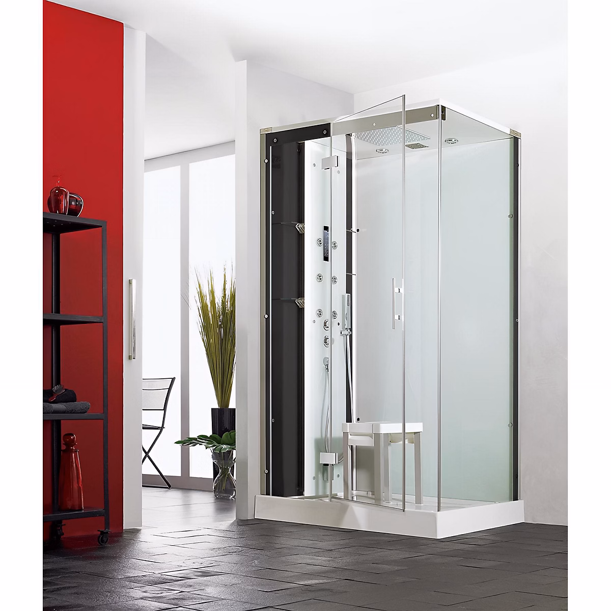 Cabine de douche hydromassante et hammam KINEDO HORIZON 110 × 110 hauteur receveur 17 – 5cm 1 coulissant finition perle noire
