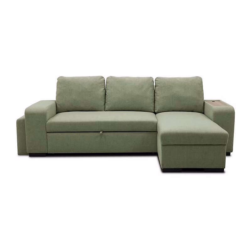 Canapé d'angle convertible réversible VALDO 3 a 4 places – Tissu Vert, Tablette avec USB, Coffre + Pouf, L247xP143xH86 cm