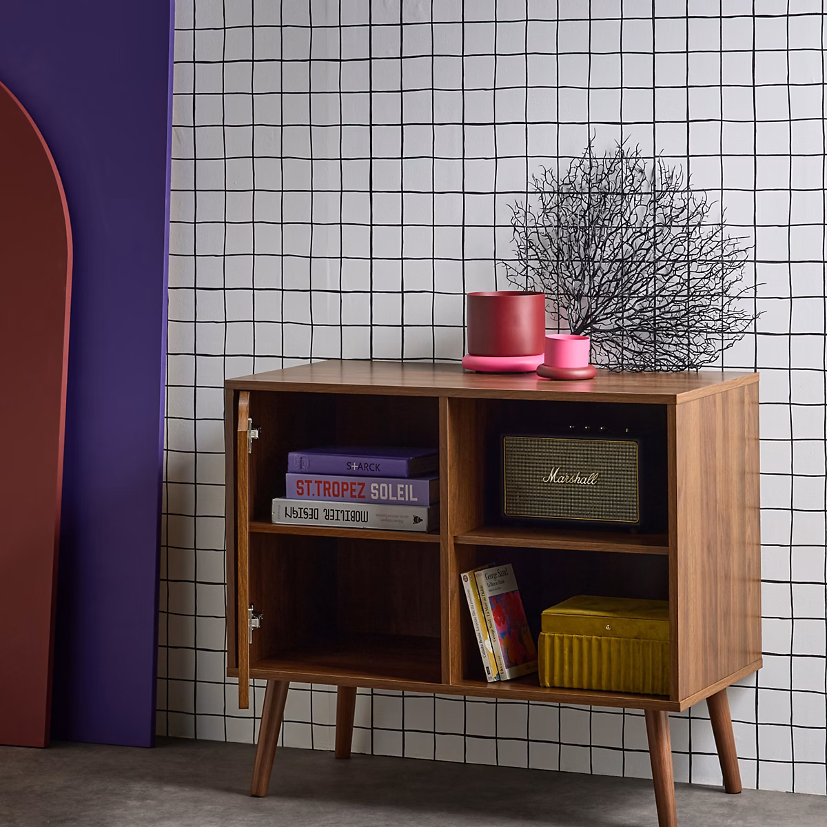 Buffet de rangement effet bois de noyer 1 porte. 2 étagères. buffet bas. 80cm – Réf. XYIBPRULH4050236054