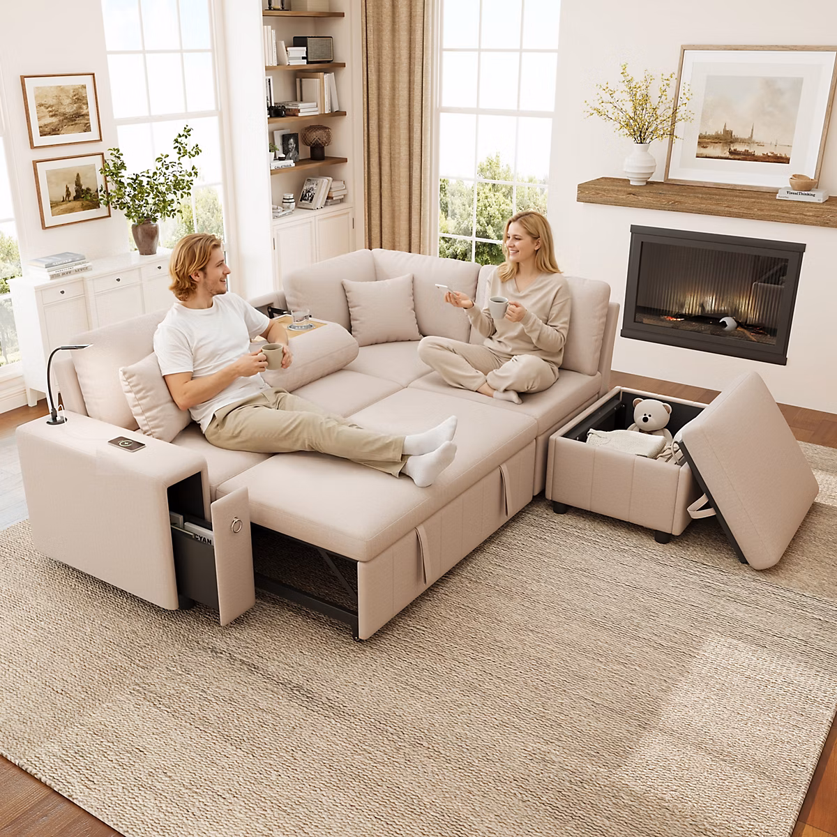 Canapé d'angle en L avec couchage extensible – Canapé 5 place avec repose pied port USB | Type C | liseuse | table basses pliante(Beige)