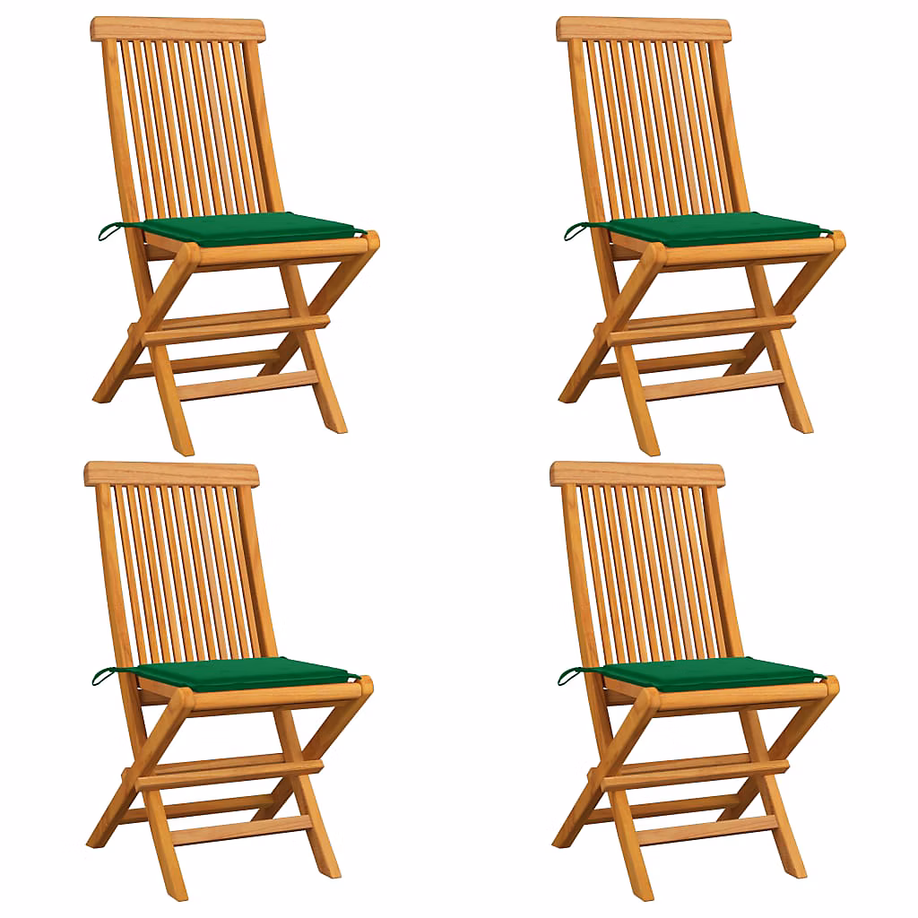 Chaises pliantes avec coussins verts | 4 pièces – en bois de teck massif vidaXL