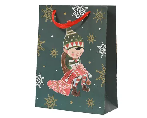 Sac cadeau en papier métallisé vert décor elfe moyen modèle - 10 x 26 x 32 cm