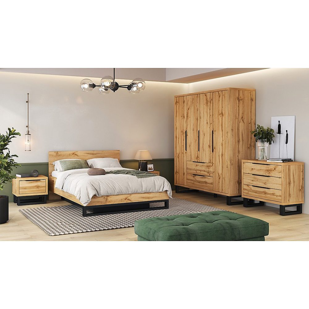 Chambre compléte industrielle MILOS : Armoire – lit coffre 160 × 200, commode, chevets, chene brut/noir