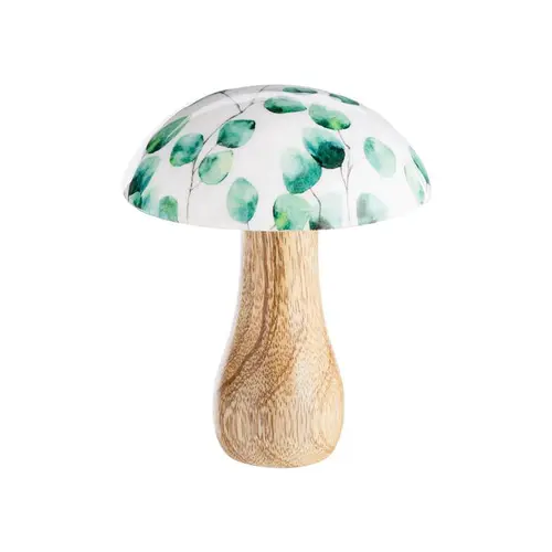 Champignon décoratif rond à poser avec pied en bois et chapeau vert et blanc - Ø 10 x H 13 cm