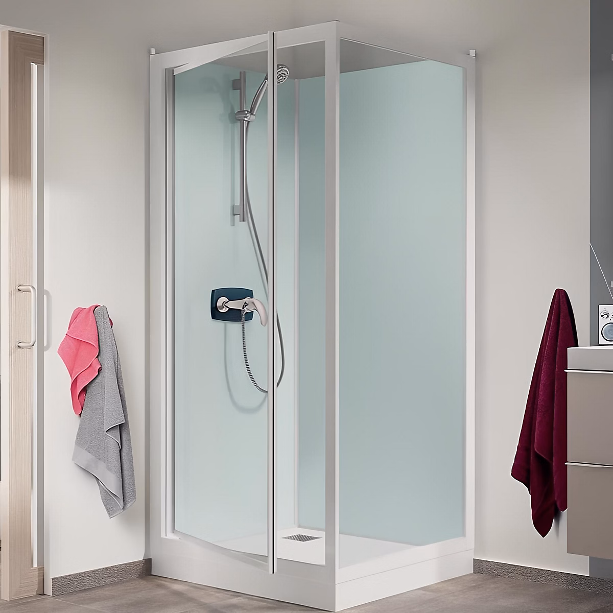 Porte de douche – Cabine de douche d'angle KINEDO GLASS 120x90 hauteur receveur 9cm 1 porte pivotante avec mitigeurfabriqué en France