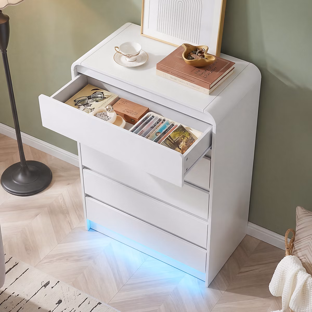 Commode 5 Tiroirs Minimaliste avec LED – Tiroirs Silencieux à Glissières Métal, Design Sécurisé Anti-basculement, Blanc