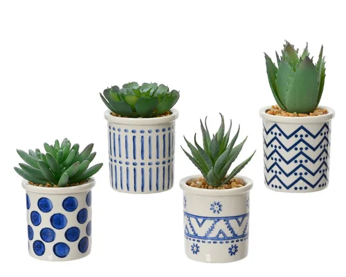 Succulente artificielle verte dans cache-pot en bleu - Ø 5,5 x H 9 cm