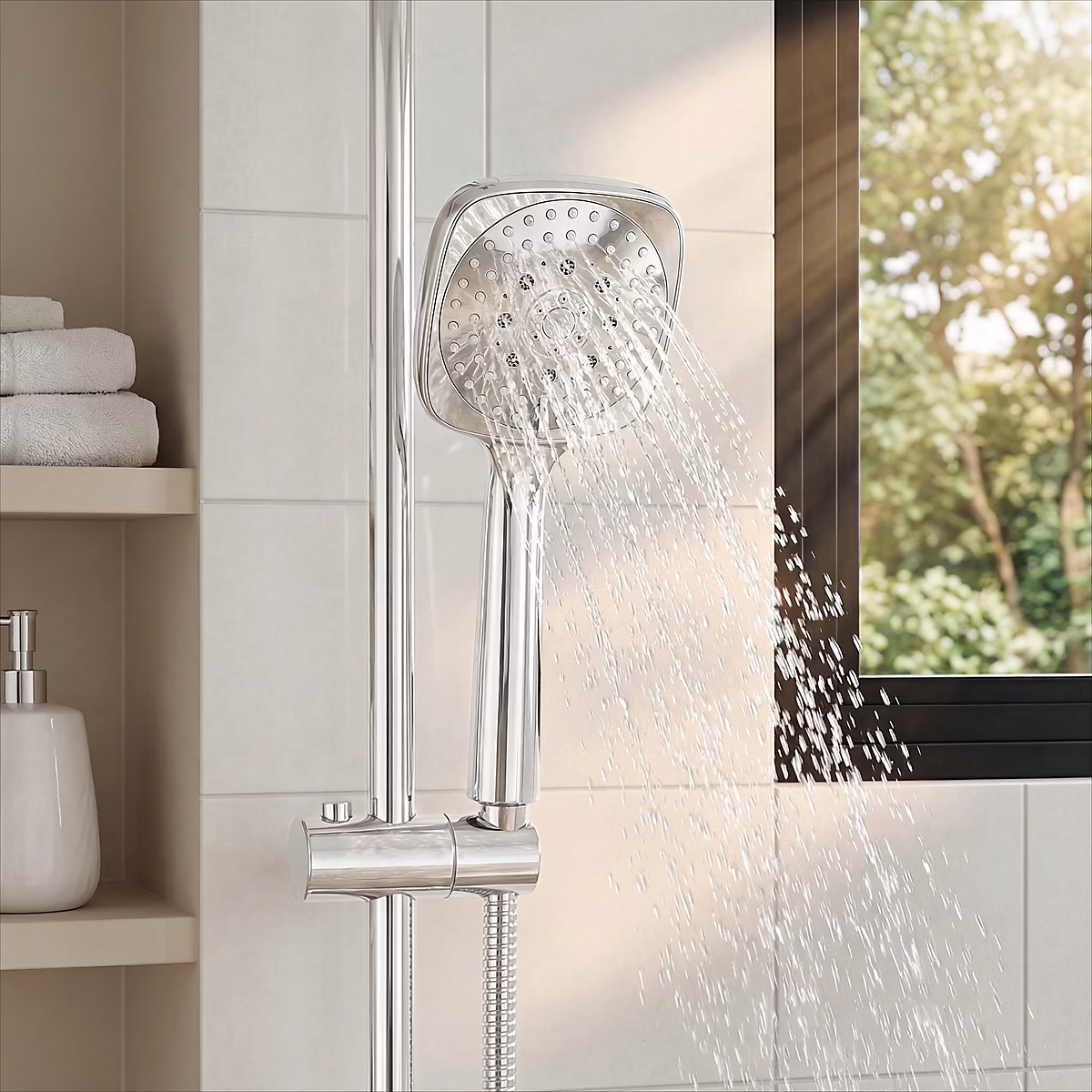 Pommeau de douche, flexible et barre de douche – Douchette 3 jets chromé GoodHome Teesta