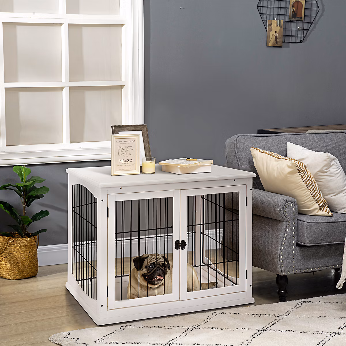 Cage de transport pour chien en MDF blanc avec 2 portes | Chien