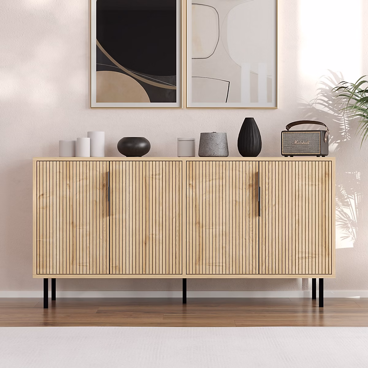 Buffet cannelé 4 portes aspect bois 150 × 75cm CIARO