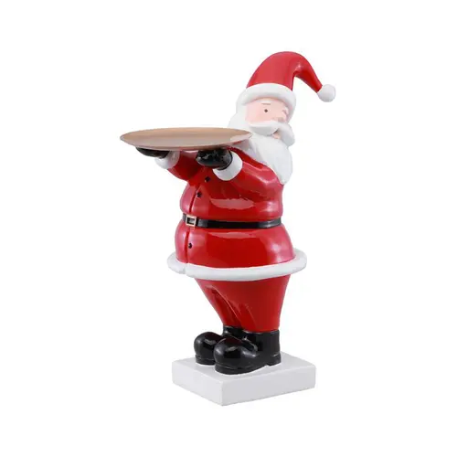 Père Noël rouge en résine tenant un plateau doré - 25 x 15 x 32,5 cm