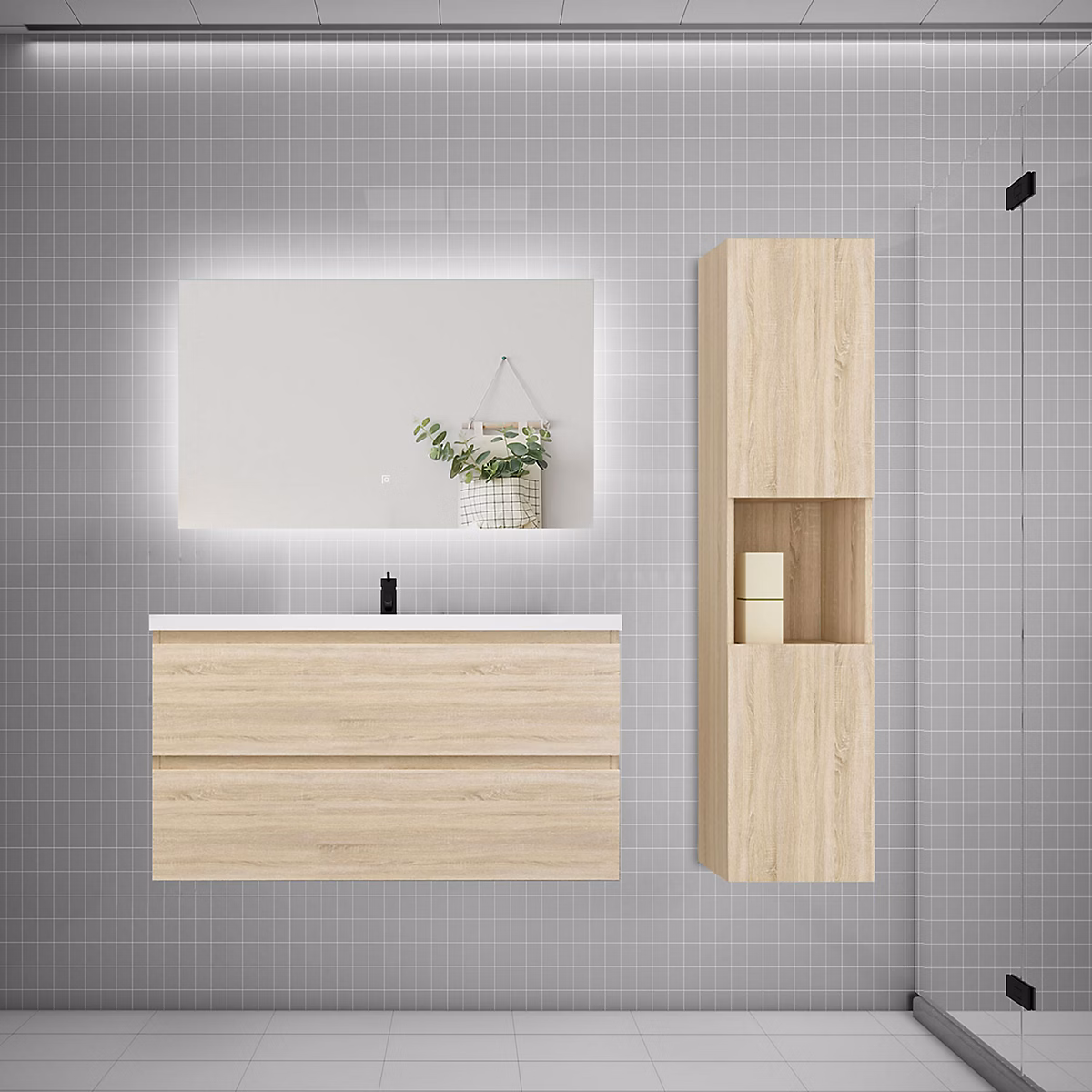 Ensemble meuble chêne et vasque L.100cm 2 tiroirs + colonne haut + lavabo + miroir 80 × 60cm – suspendu