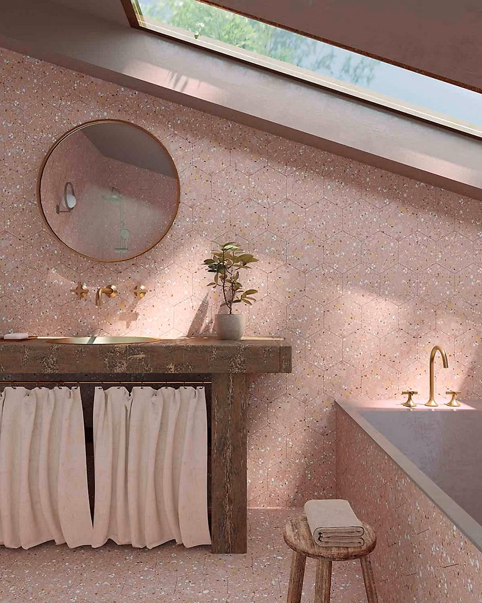 Carrelage Effet Terrazzo Hexagonal AROUSA 25 – 8 × 29 Rosa, Les Carreaux de Jean