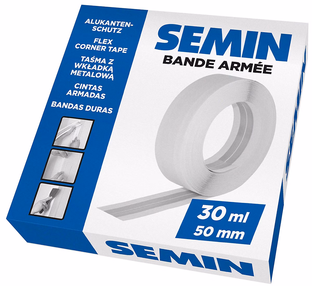 Enduit et calicot – Bande armée 50 mm pour angles de plaques de plâtre L. 30 ml Semin
