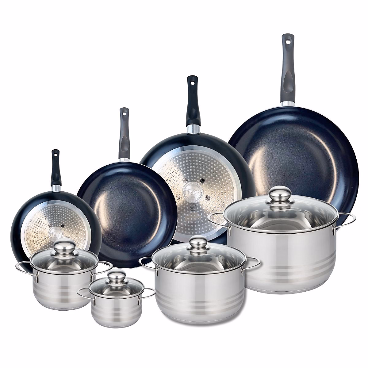 Ensemble de 4 Poêles de cuisson 20 – 24, 28 et 32 cm et 4 faitouts 12, 14, 20 et 24 cm Elo Prima Brillant
