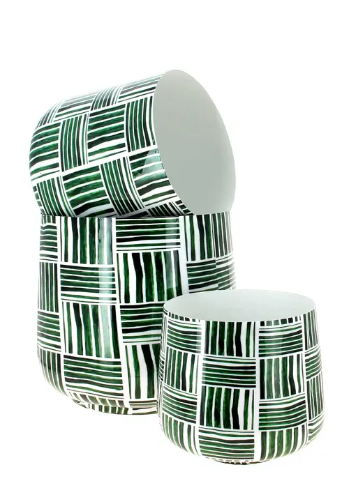 Cache-pot strié coloris vert en zinc taille M - Ø 23 x 20 cm