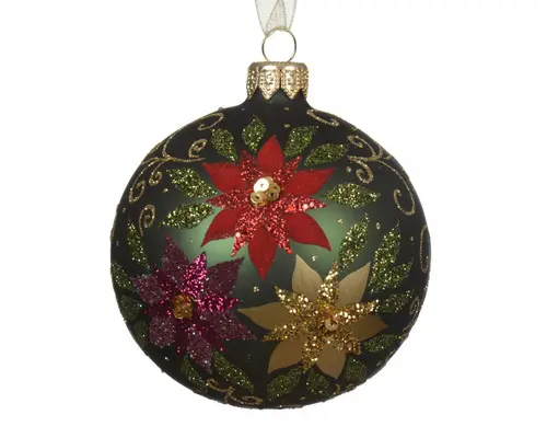 Boule en verre finition mate vert pin avec décor poinsettia - Ø 8 cm